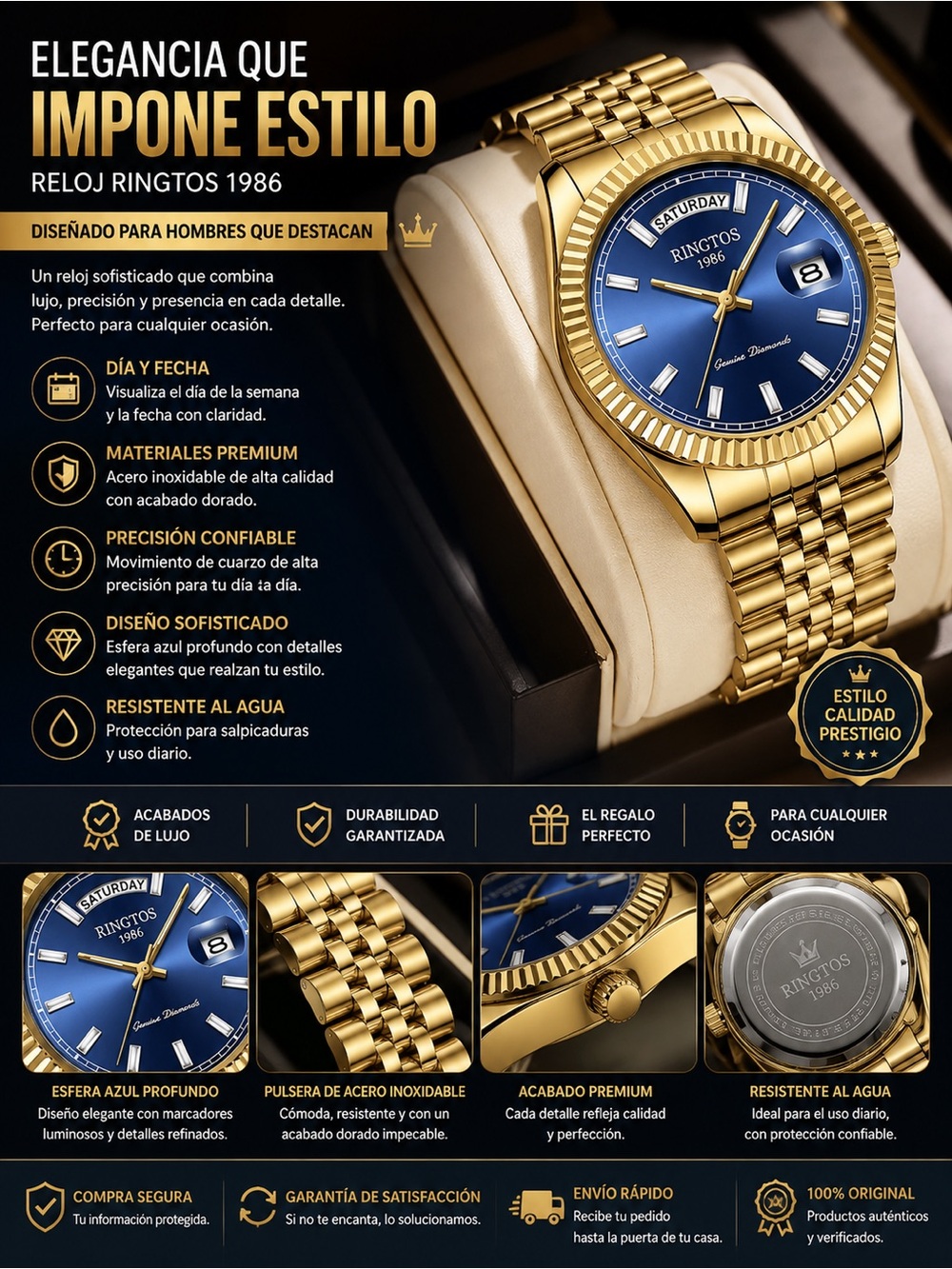 Gold-Tone Men’s Watch with Blue Dial